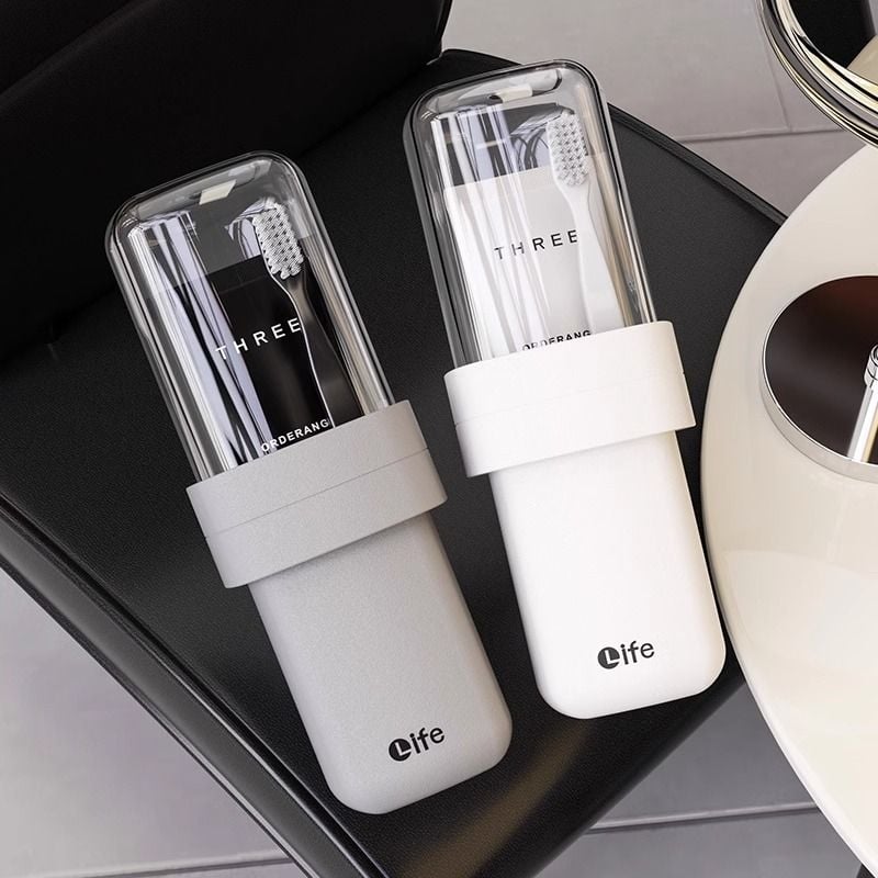 Set portabil de igienă orală: pahar pentru apă de gură, suport pentru periuța de dinți și cutie de depozitare a accesoriilor de toaletă