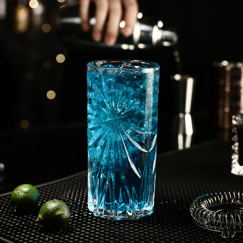 Pahar din sticlă retro cu gravură florală pentru iced latte, sucuri și cocktailuri
