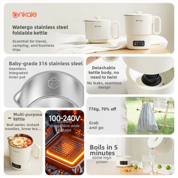 Ankale Fierbător electric pliabil, portabil, 0,8 L, oțel inoxidabil 316, complet automat