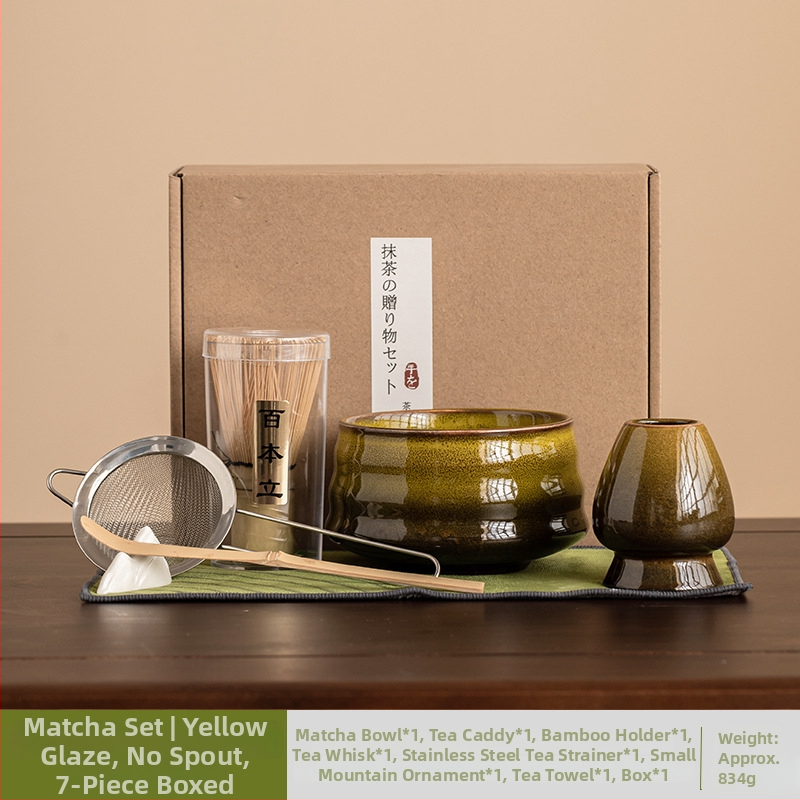 Japonský keramický set na miešanie matcha s glazovaným povrchom, sedemdielny čajový set na prípravu raňajkového latte