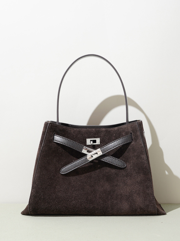 Ženska torbica za ramena od prave kože, velika zapremina, nubuk semiš, crossbody stil