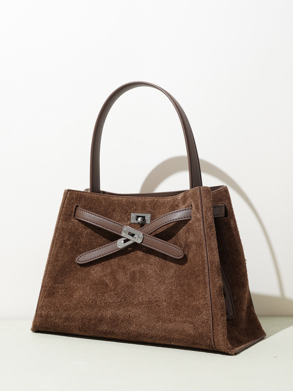 Ženska torbica za ramena od prave kože, velika zapremina, nubuk semiš, crossbody stil