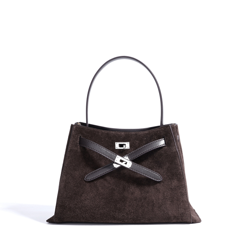 Ženska torbica za ramena od prave kože, velika zapremina, nubuk semiš, crossbody stil