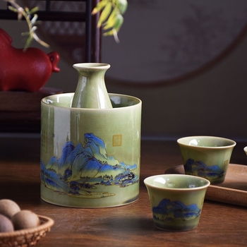 Set ceramic pentru vin în stil național inspirat de Mii de Râuri și Munți, cu încălzitor și distribuitor de vin, în cutie cadou, personalizare logo