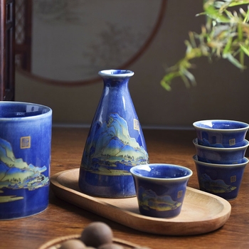 Set ceramic pentru vin în stil național inspirat de Mii de Râuri și Munți, cu încălzitor și distribuitor de vin, în cutie cadou, personalizare logo