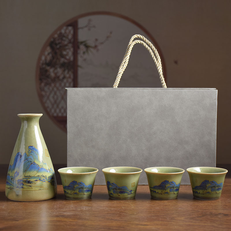 Set ceramic pentru vin în stil național inspirat de Mii de Râuri și Munți, cu încălzitor și distribuitor de vin, în cutie cadou, personalizare logo