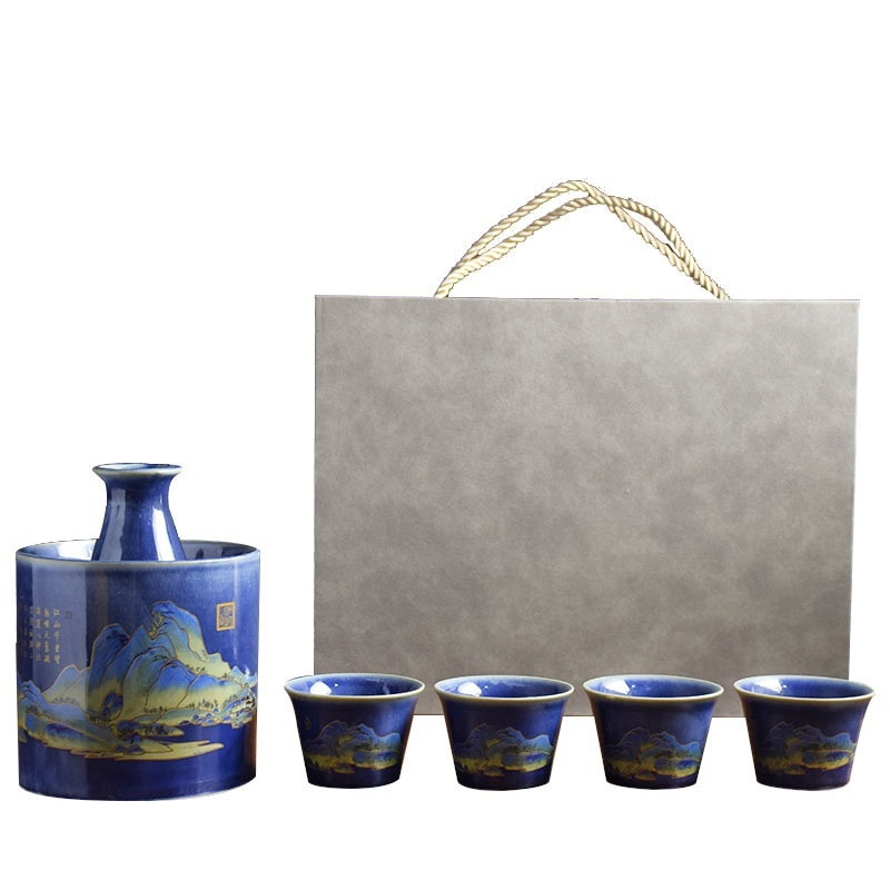Set ceramic pentru vin în stil național inspirat de Mii de Râuri și Munți, cu încălzitor și distribuitor de vin, în cutie cadou, personalizare logo