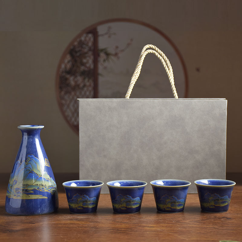 Set ceramic pentru vin în stil național inspirat de Mii de Râuri și Munți, cu încălzitor și distribuitor de vin, în cutie cadou, personalizare logo
