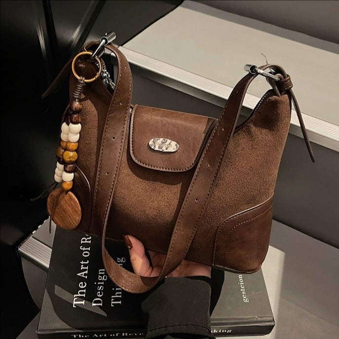 Retro Maillard torbica za rame, PU velur s mat završnom površinom, crossbody za žene, horizontalni kvadratni oblik, zimski model 2025