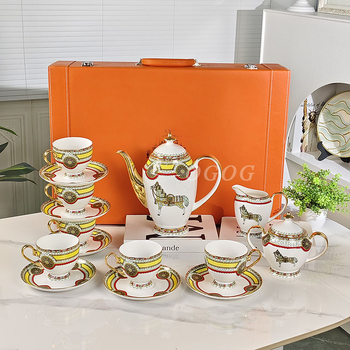 Og set de ceai de după-amiază din porțelan osos european de înaltă calitate – retro lux, căni de cafea cu farfurioare, ceainic și borcănel pentru zahăr în cutie cadou, pentru 6 persoane