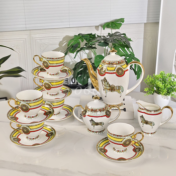 Og set de ceai de după-amiază din porțelan osos european de înaltă calitate – retro lux, căni de cafea cu farfurioare, ceainic și borcănel pentru zahăr în cutie cadou, pentru 6 persoane