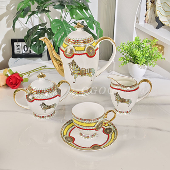 Og set de ceai de după-amiază din porțelan osos european de înaltă calitate – retro lux, căni de cafea cu farfurioare, ceainic și borcănel pentru zahăr în cutie cadou, pentru 6 persoane
