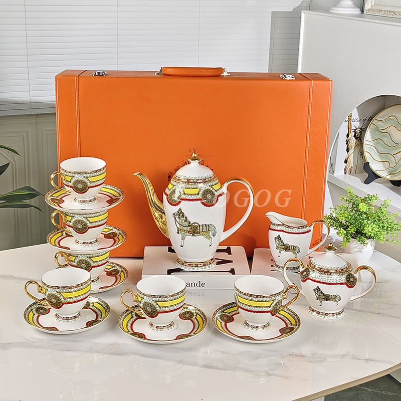 Og set de ceai de după-amiază din porțelan osos european de înaltă calitate – retro lux, căni de cafea cu farfurioare, ceainic și borcănel pentru zahăr în cutie cadou, pentru 6 persoane