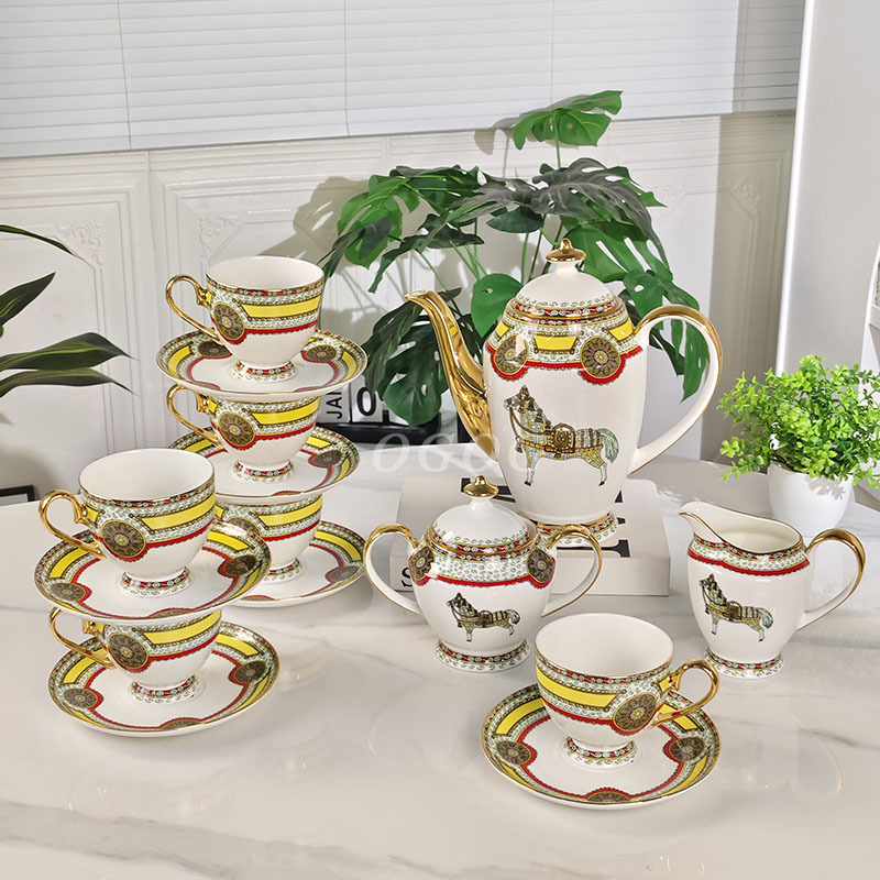 Og set de ceai de după-amiază din porțelan osos european de înaltă calitate – retro lux, căni de cafea cu farfurioare, ceainic și borcănel pentru zahăr în cutie cadou, pentru 6 persoane