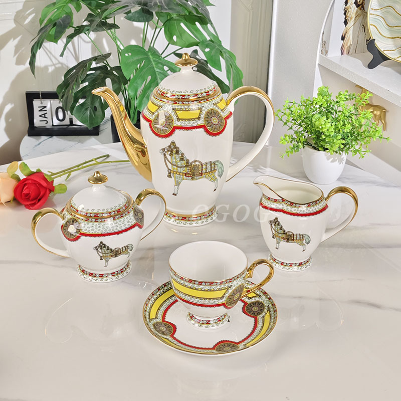 Og set de ceai de după-amiază din porțelan osos european de înaltă calitate – retro lux, căni de cafea cu farfurioare, ceainic și borcănel pentru zahăr în cutie cadou, pentru 6 persoane