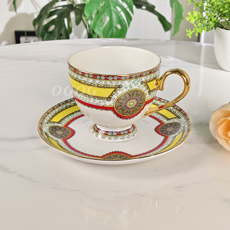 Og set de ceai de după-amiază din porțelan osos european de înaltă calitate – retro lux, căni de cafea cu farfurioare, ceainic și borcănel pentru zahăr în cutie cadou, pentru 6 persoane