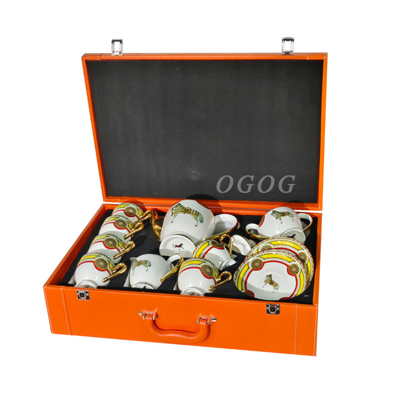 Og set de ceai de după-amiază din porțelan osos european de înaltă calitate – retro lux, căni de cafea cu farfurioare, ceainic și borcănel pentru zahăr în cutie cadou, pentru 6 persoane