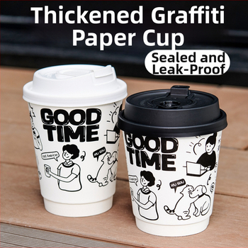Jednorazový papierový pohár na horúce nápoje, objem 301–400 ml, s viečkom, vhodný na kávu a mliečny čaj, ručne maľovaný graffiti dizajn