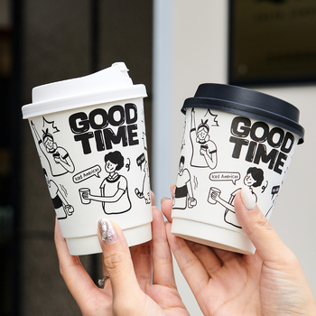 Pahar din hârtie pentru băuturi calde, 301–400 ml, cu capac, pentru cafea și ceai cu lapte, design graffiti pictat manual
