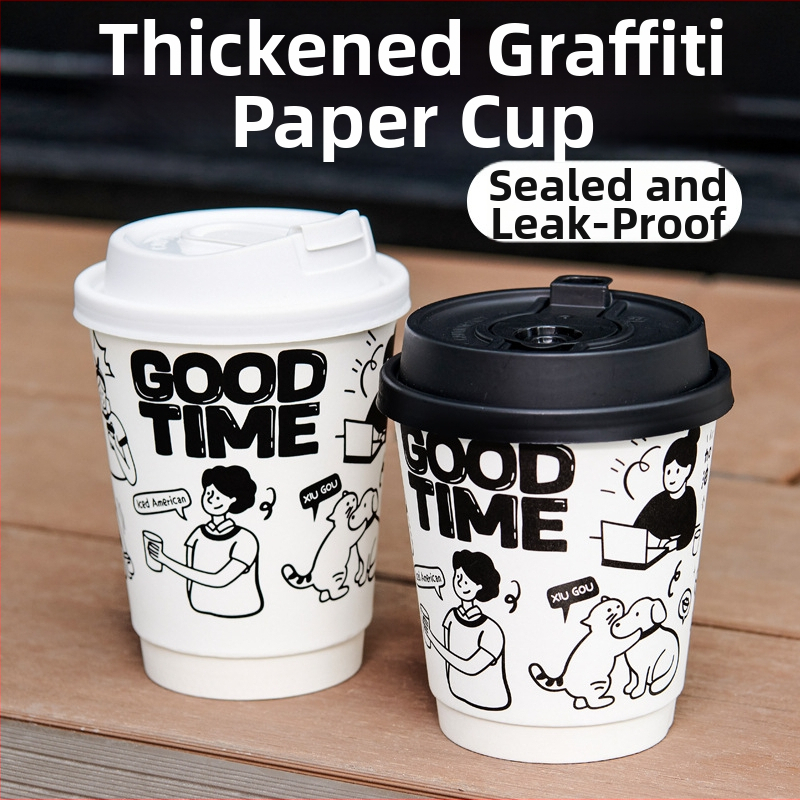 Jednorazový papierový pohár na horúce nápoje, objem 301–400 ml, s viečkom, vhodný na kávu a mliečny čaj, ručne maľovaný graffiti dizajn