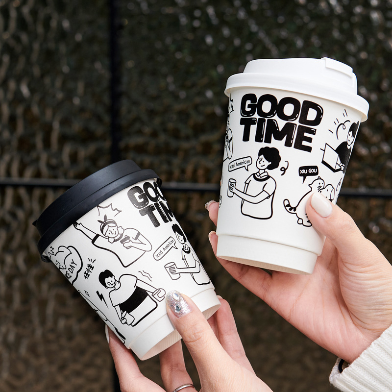 Pahar din hârtie pentru băuturi calde, 301–400 ml, cu capac, pentru cafea și ceai cu lapte, design graffiti pictat manual