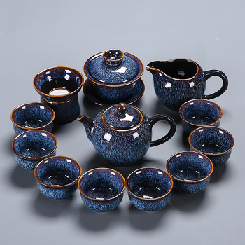 Set de ceai din porțelan, glazură Tenmoku, gaiwan albastru și ceainic, set complet de 5 piese