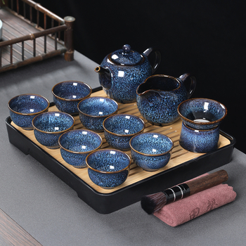 Set de ceai din porțelan, glazură Tenmoku, gaiwan albastru și ceainic, set complet de 5 piese
