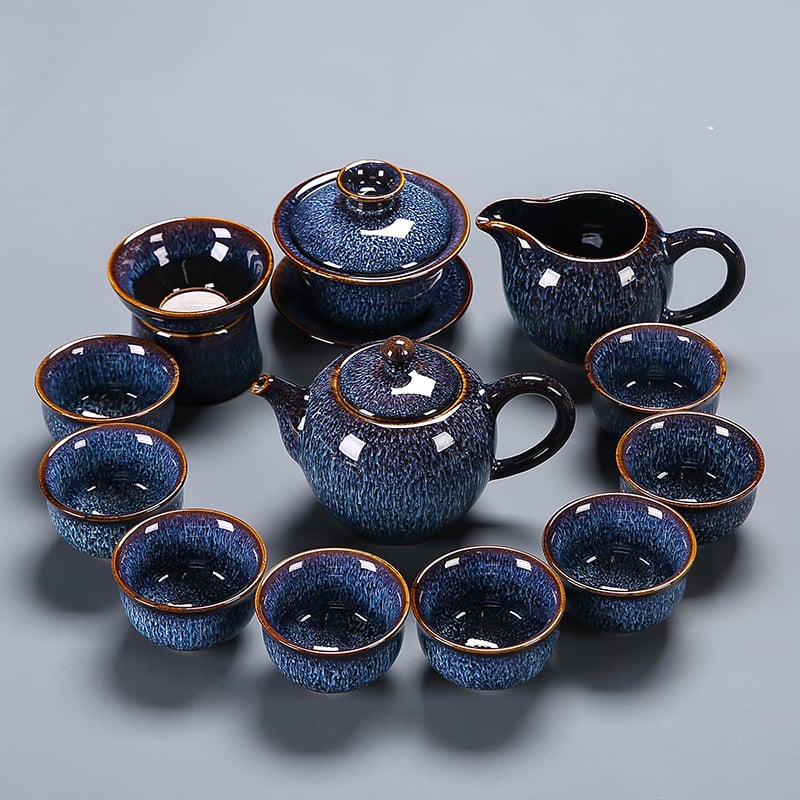 Set de ceai din porțelan, glazură Tenmoku, gaiwan albastru și ceainic, set complet de 5 piese