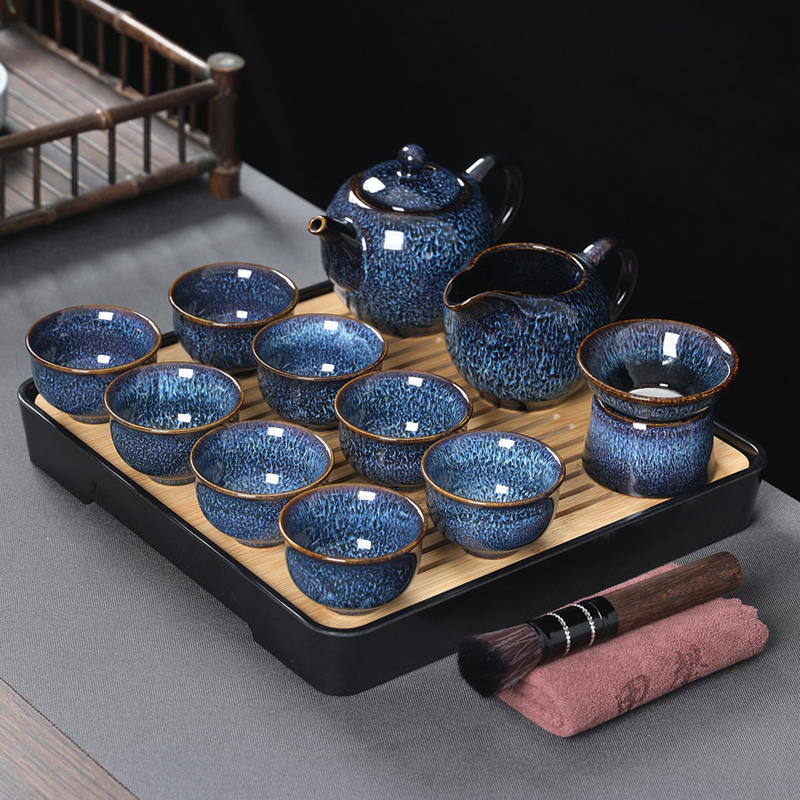 Set de ceai din porțelan, glazură Tenmoku, gaiwan albastru și ceainic, set complet de 5 piese