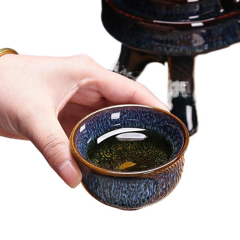 Set de ceai din porțelan, glazură Tenmoku, gaiwan albastru și ceainic, set complet de 5 piese