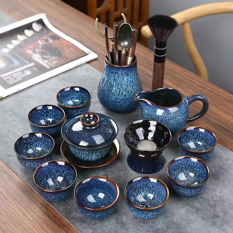 Set de ceai din porțelan, glazură Tenmoku, gaiwan albastru și ceainic, set complet de 5 piese