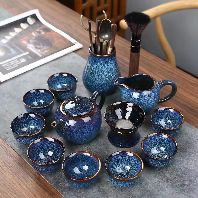 Set de ceai din porțelan, glazură Tenmoku, gaiwan albastru și ceainic, set complet de 5 piese