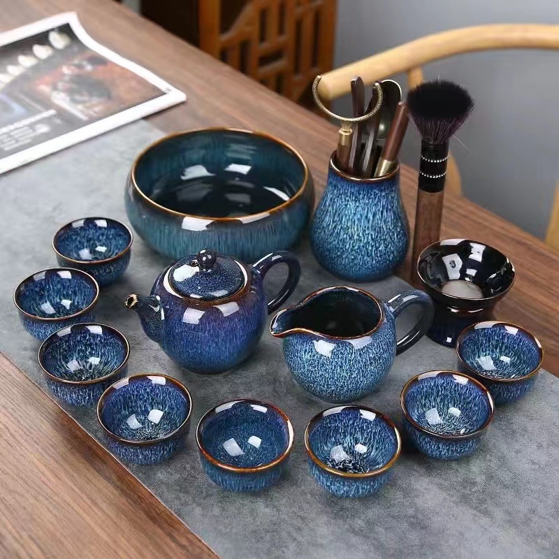 Set de ceai din porțelan, glazură Tenmoku, gaiwan albastru și ceainic, set complet de 5 piese