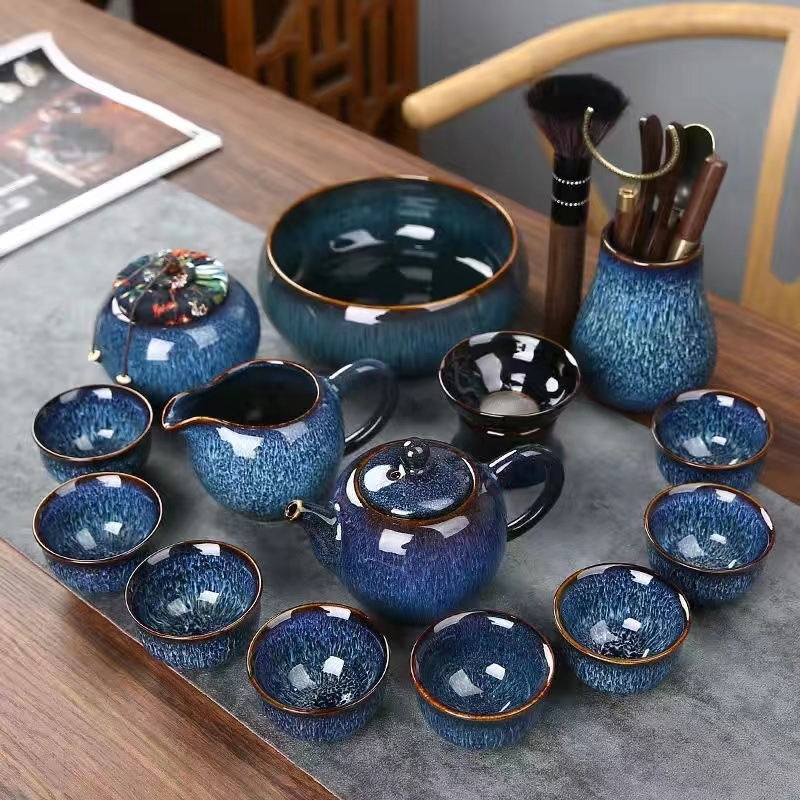 Set de ceai din porțelan, glazură Tenmoku, gaiwan albastru și ceainic, set complet de 5 piese