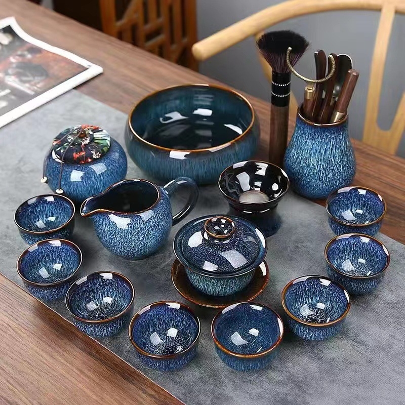 Set de ceai din porțelan, glazură Tenmoku, gaiwan albastru și ceainic, set complet de 5 piese