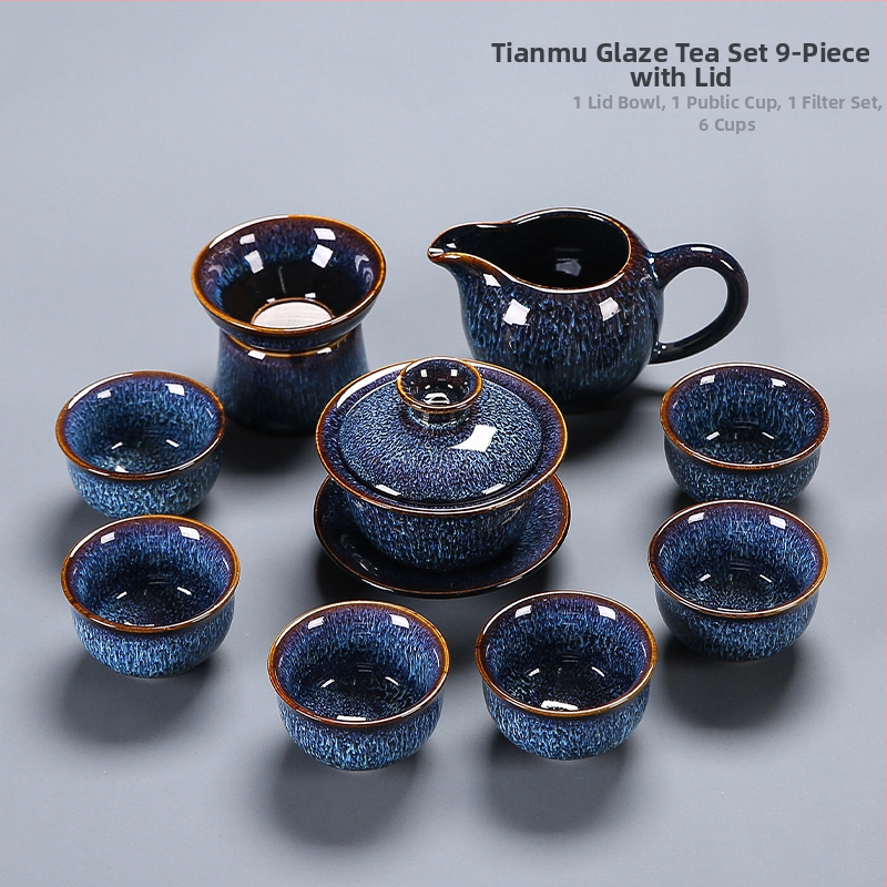 Set de ceai din porțelan, glazură Tenmoku, gaiwan albastru și ceainic, set complet de 5 piese