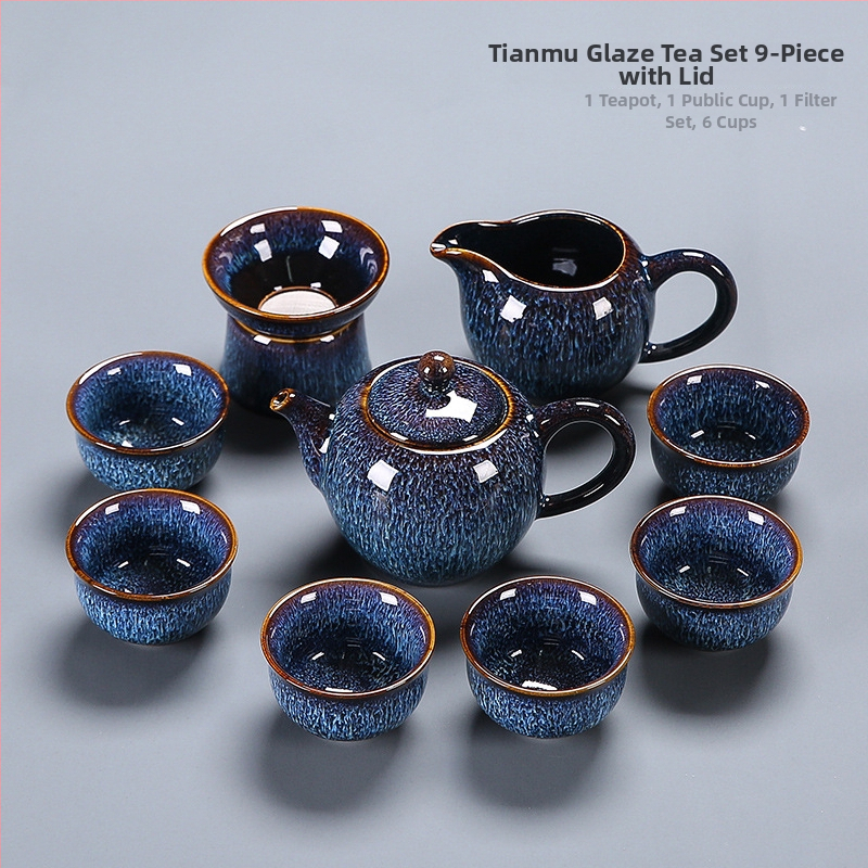 Set de ceai din porțelan, glazură Tenmoku, gaiwan albastru și ceainic, set complet de 5 piese