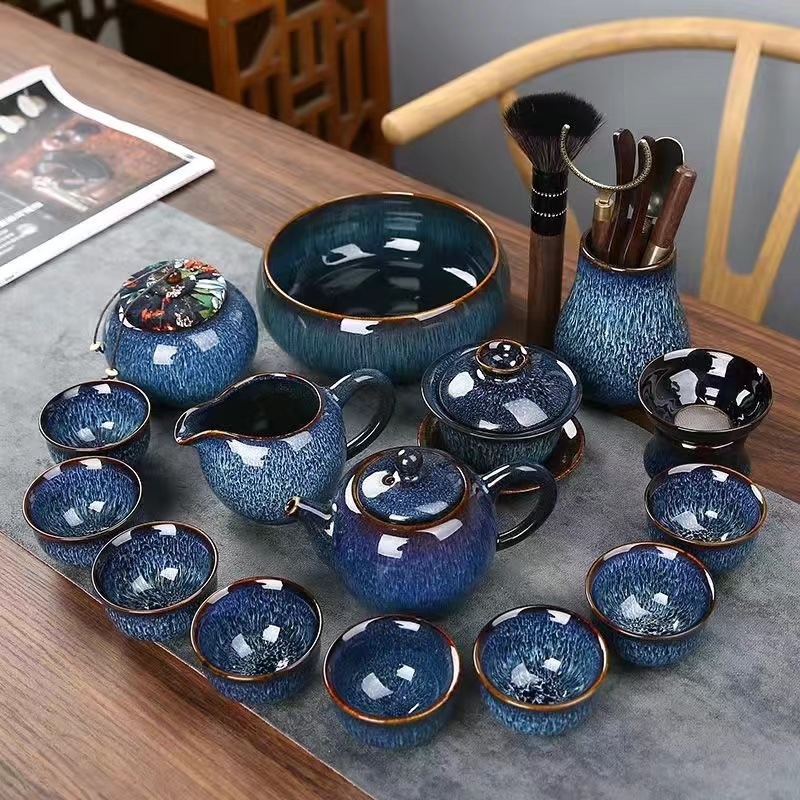 Set de ceai din porțelan, glazură Tenmoku, gaiwan albastru și ceainic, set complet de 5 piese