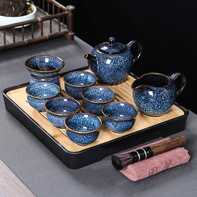 Set de ceai din porțelan, glazură Tenmoku, gaiwan albastru și ceainic, set complet de 5 piese