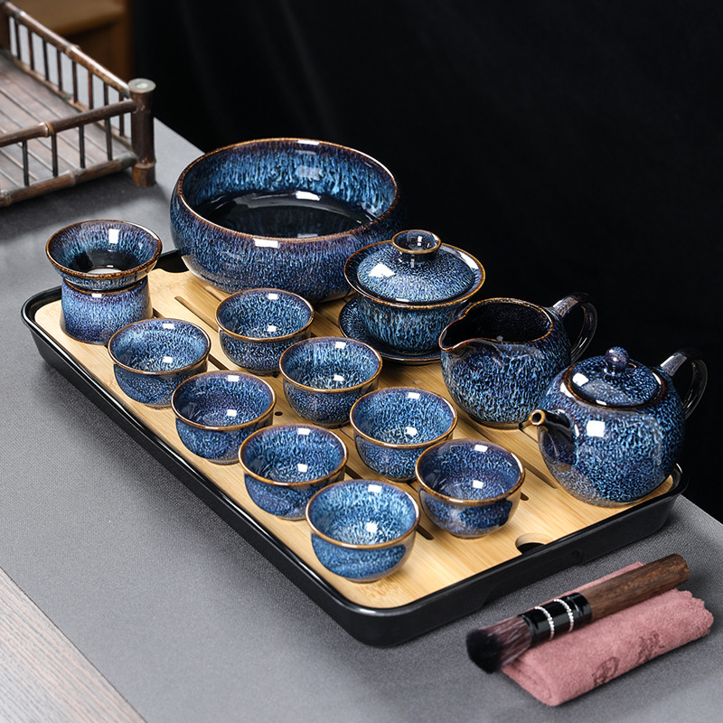 Set de ceai din porțelan, glazură Tenmoku, gaiwan albastru și ceainic, set complet de 5 piese