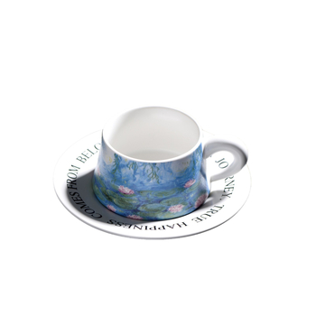 Set cafea cu ceașcă și farfurie în stil pictură în ulei, nuferi, retro