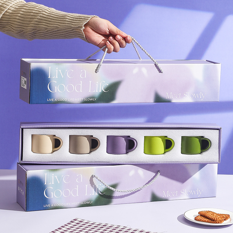 Set de căni de cafea din ceramică, stil minimalist modern, culoare solidă, logo personalizabil, cutie cadou