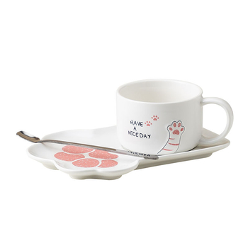 Set de cești de cafea ceramice cu farfurie, design labuțe de pisică, pentru birou și uz casnic
