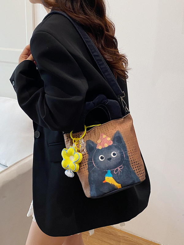Ženska torba s dizajnom niše ilustracije, 2026 – kompaktna dnevna tote torba s crossbody remenom, platnena torba u obliku kante