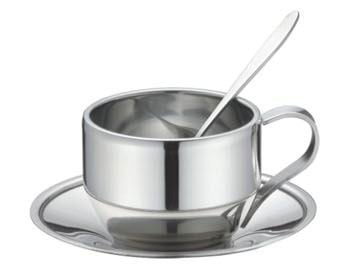 Set de trei căni de cafea, oțel inoxidabil 304, pereți dubli, cu lingură și farfuriu, pentru ceai cu lapte