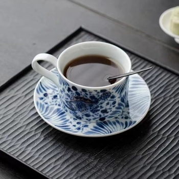 Cană de cafea albastră cu model floral, ceramică fină, set retro de cești și farfurioare, personalizabil