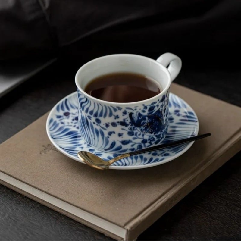 Cană de cafea albastră cu model floral, ceramică fină, set retro de cești și farfurioare, personalizabil