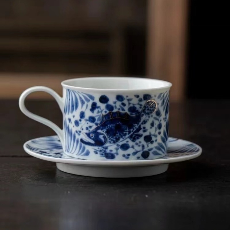 Cană de cafea albastră cu model floral, ceramică fină, set retro de cești și farfurioare, personalizabil