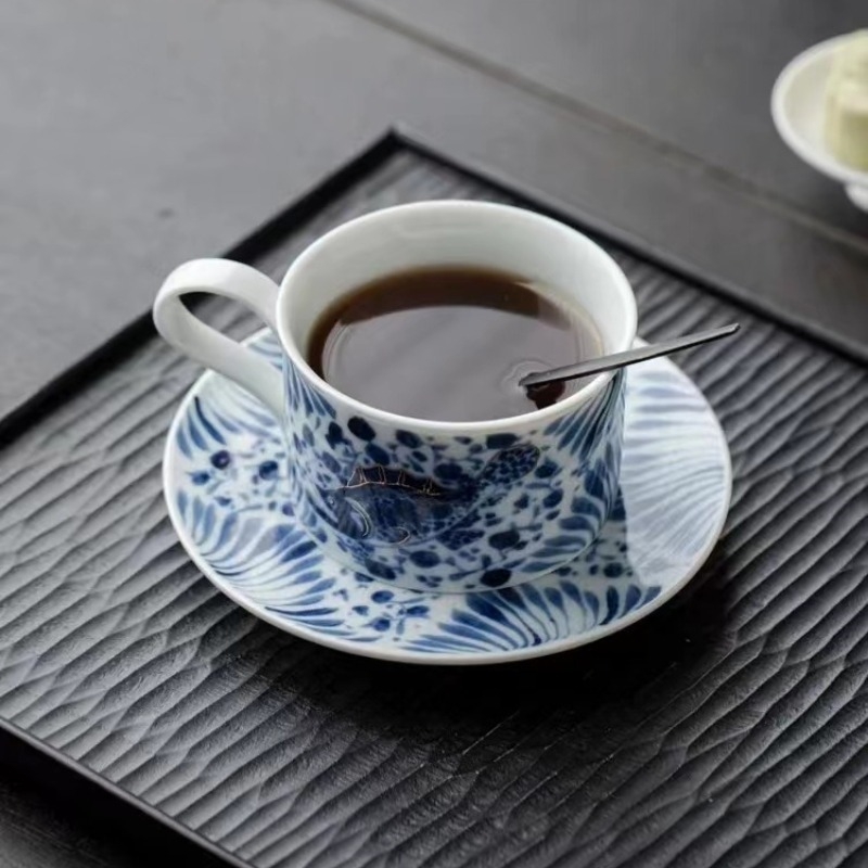 Cană de cafea albastră cu model floral, ceramică fină, set retro de cești și farfurioare, personalizabil