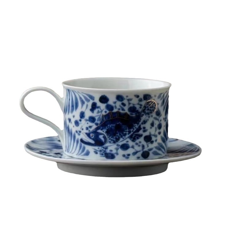 Cană de cafea albastră cu model floral, ceramică fină, set retro de cești și farfurioare, personalizabil